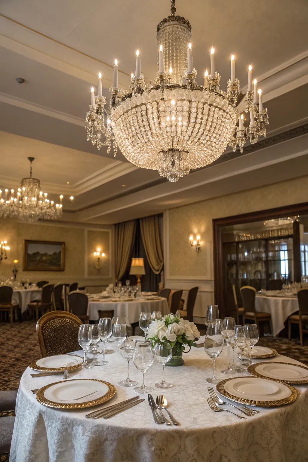 Elegant chandeliers and fine tableware creating a luxurious dining experience.
