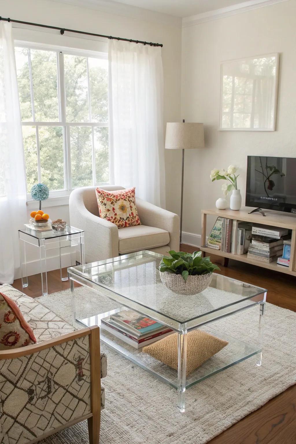 Transparent furniture reduces visual clutter in small rooms.