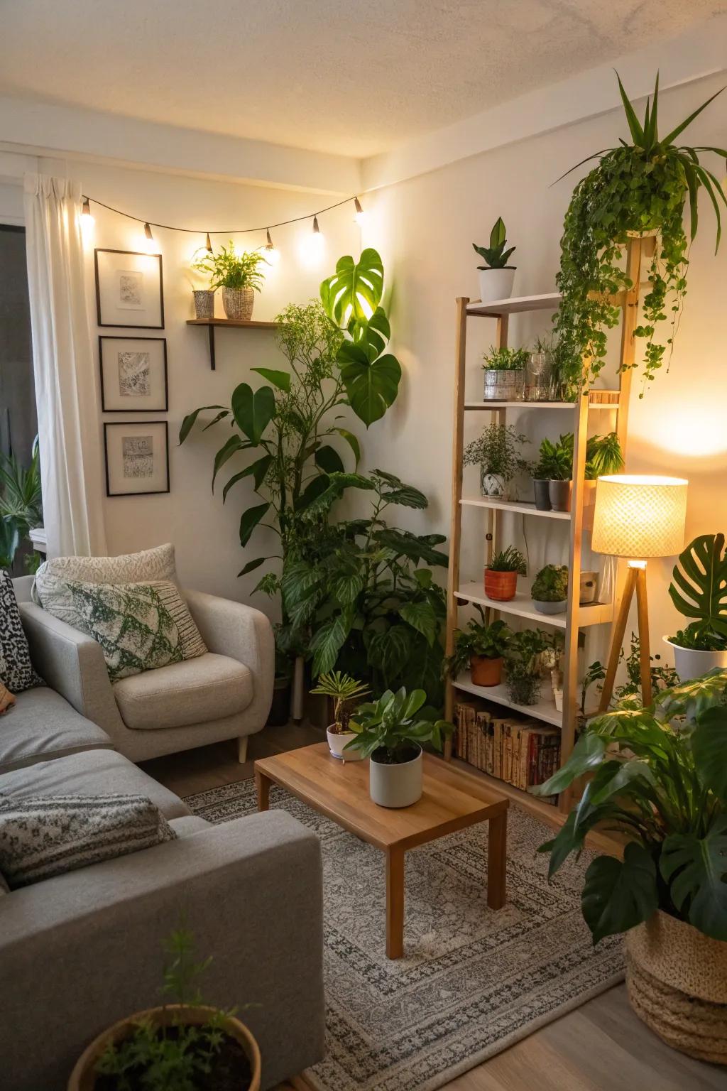 Indoor plants add tranquility and freshness to small spaces.