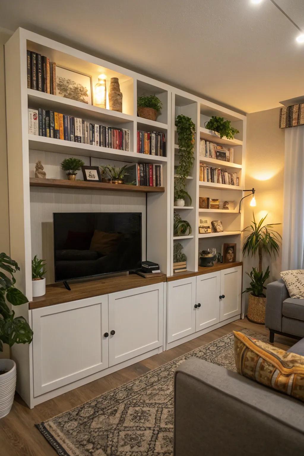 Vertical shelving frees up floor space and adds character.