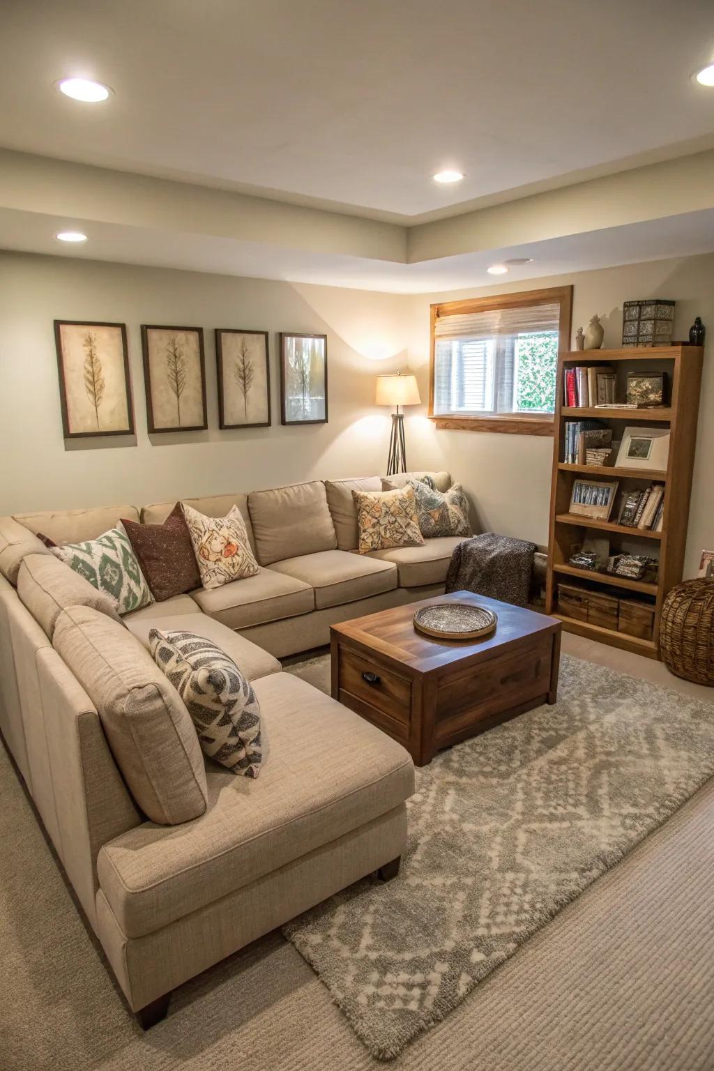 Corner furniture maximizes seating and storage.