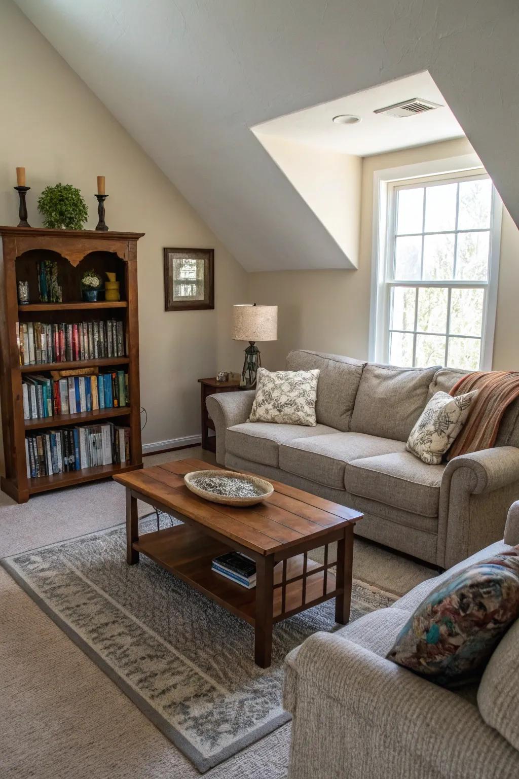 Angled furniture creates visual interest and better flow.