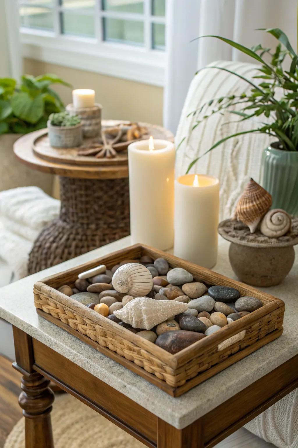 Natural elements add calmness to a side table.