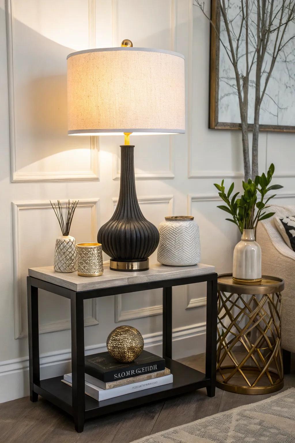 A bold lamp serves as a focal point on a side table.