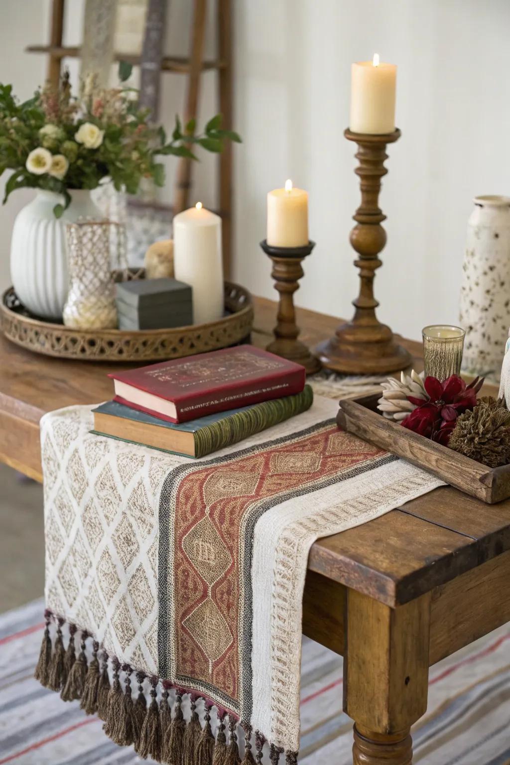 Textiles layered on a side table add warmth and texture.