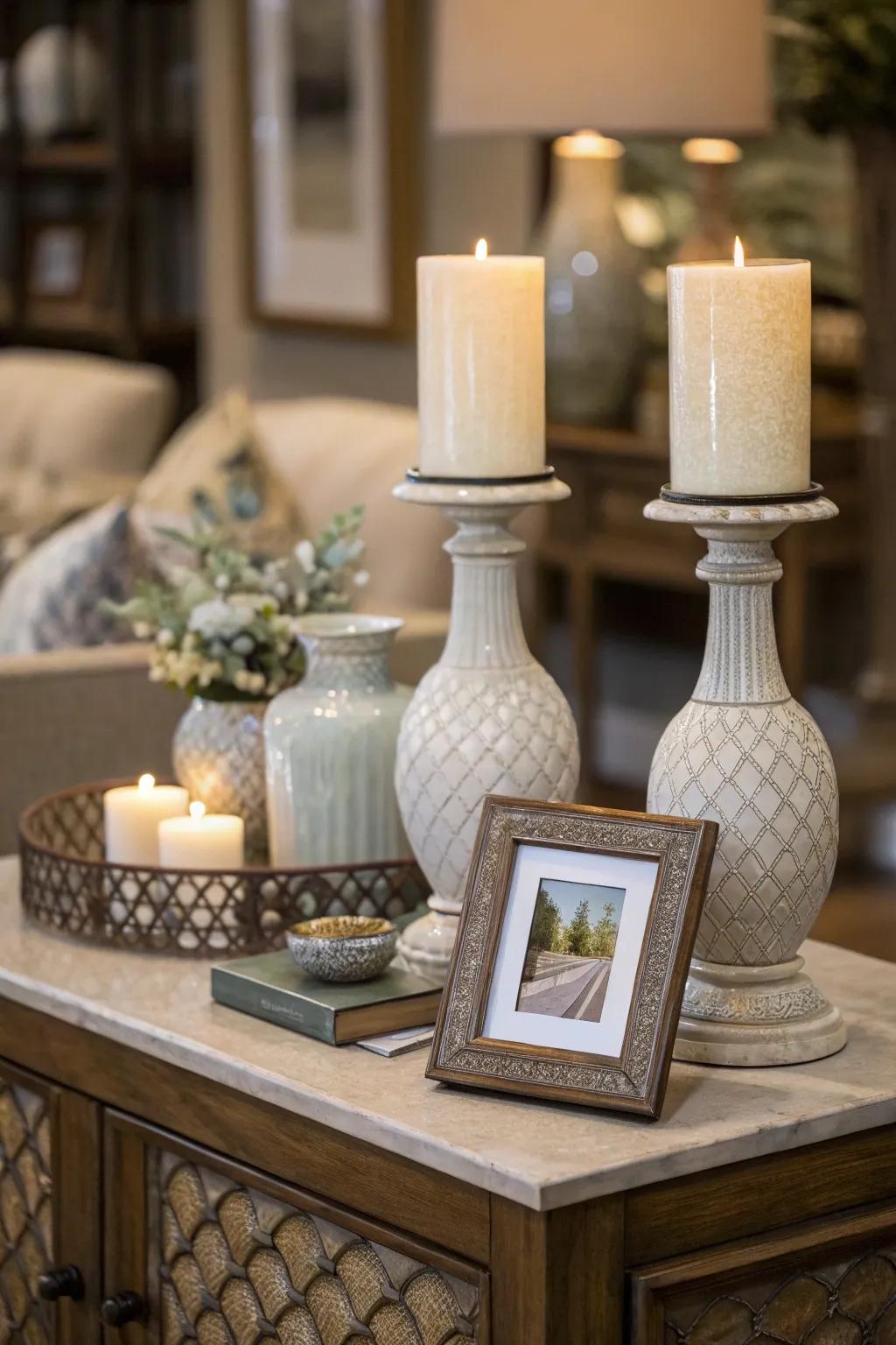 Symmetrical décor arrangements bring harmony to a side table.