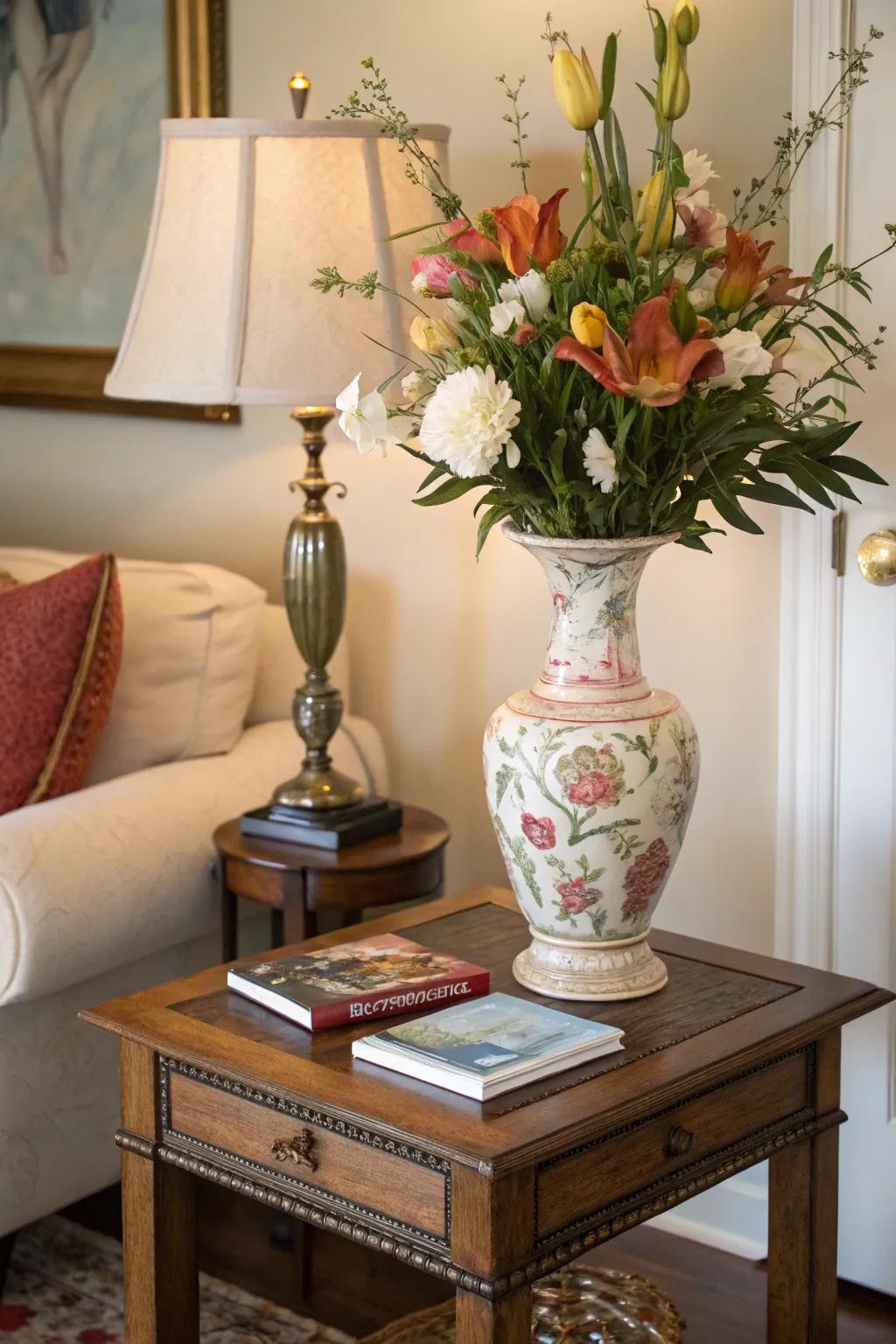 A bold centerpiece anchors the side table décor.