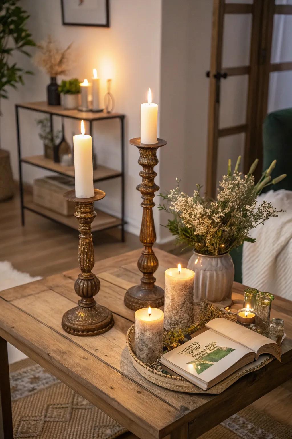 Torches in stylish holders add warmth to a side table.