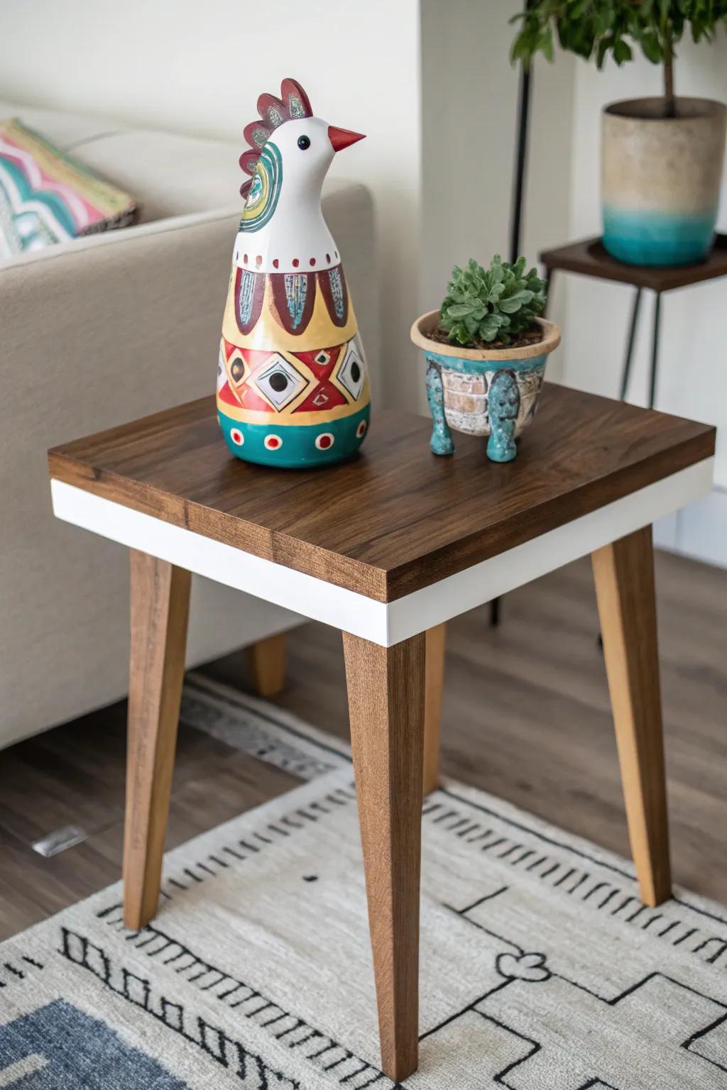 A whimsical decorative piece adds fun to a side table.