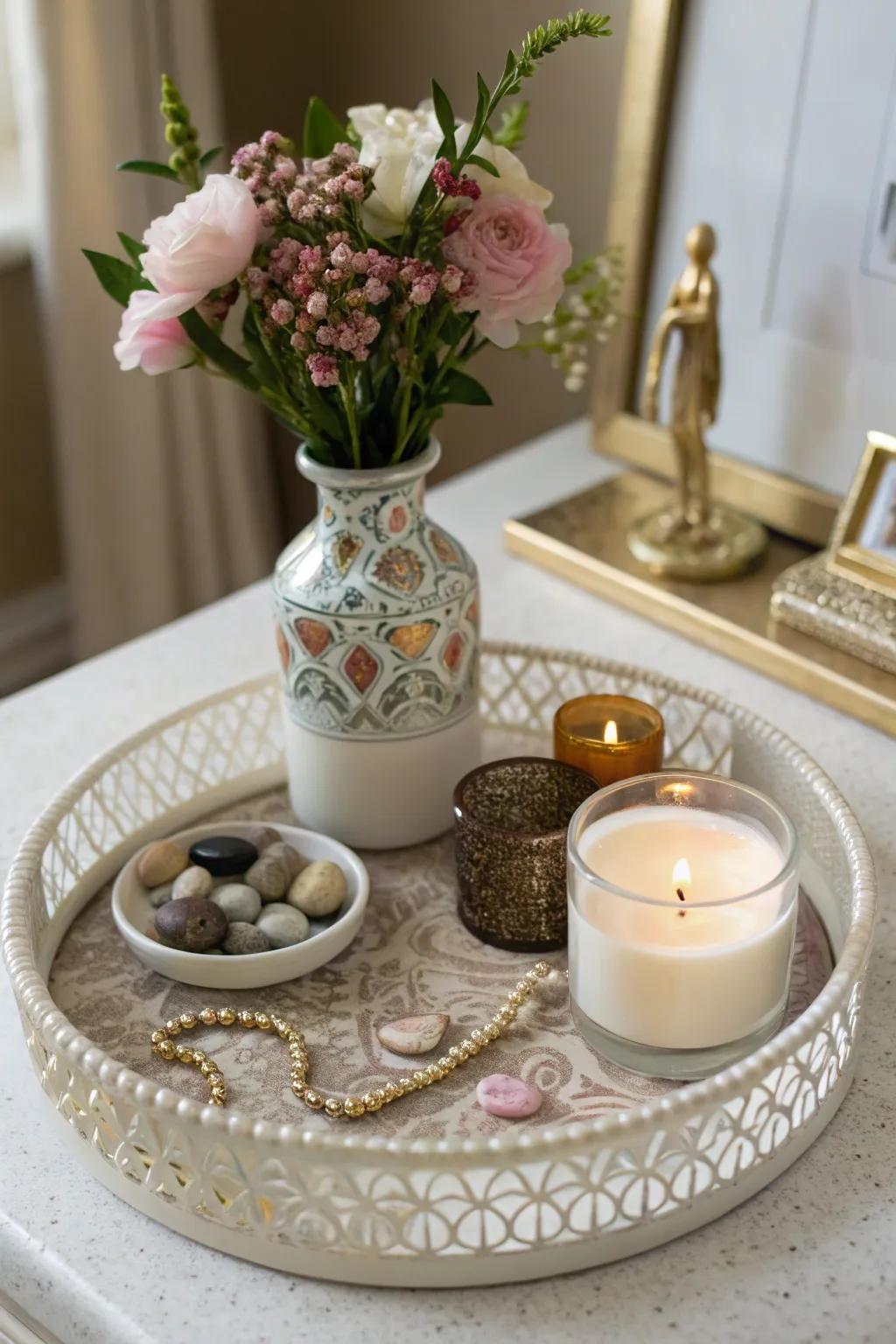 A decorative tray helps organize side table items stylishly.