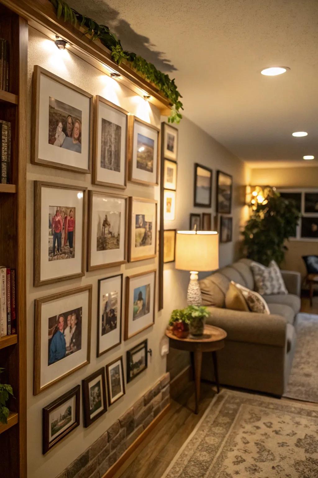 A photo wall display adds a personal touch to the decor.