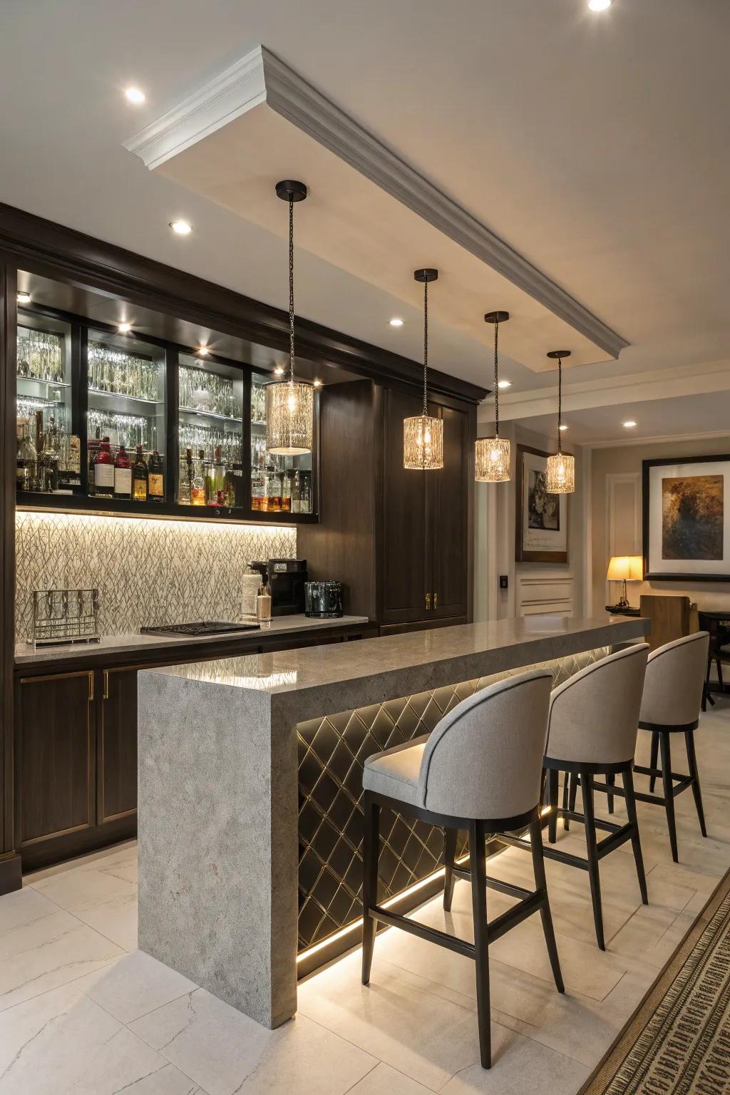 Modern lighting fixtures add sophistication to the bar.