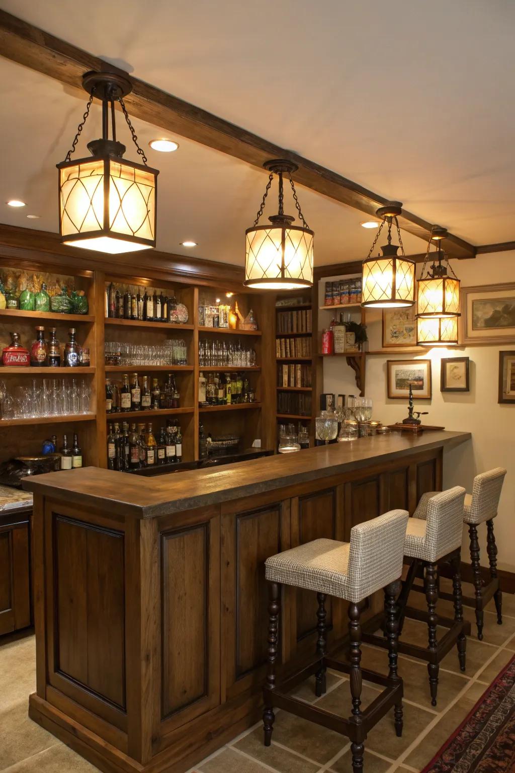 Rustic lanterns add vintage warmth to the bar.