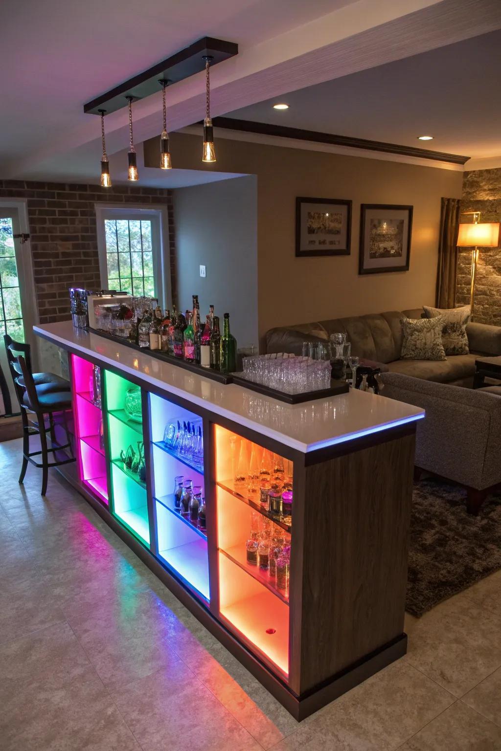 Color-changing LEDs create a lively and customizable atmosphere.