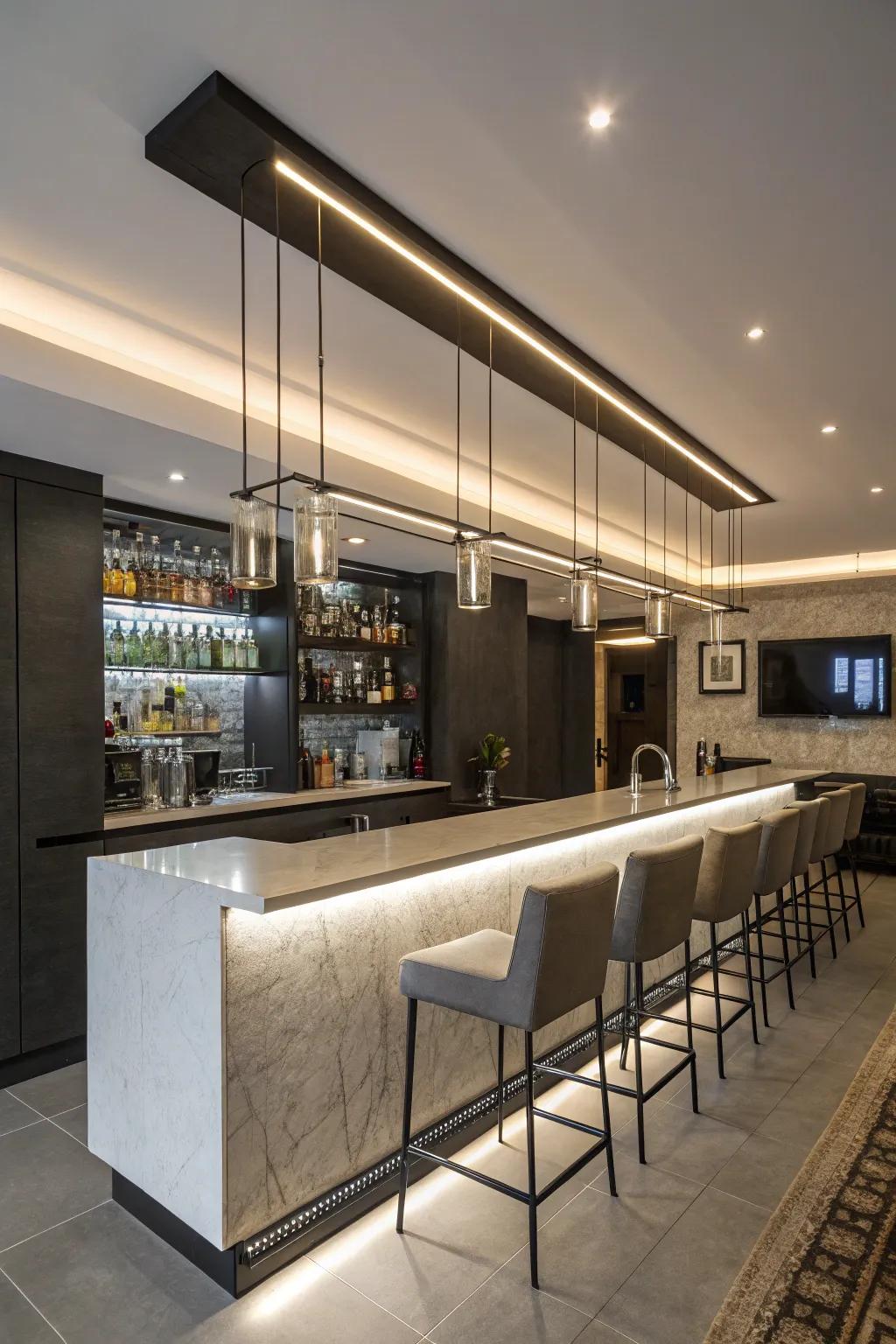 Suspended light bars offer a modern and streamlined design.