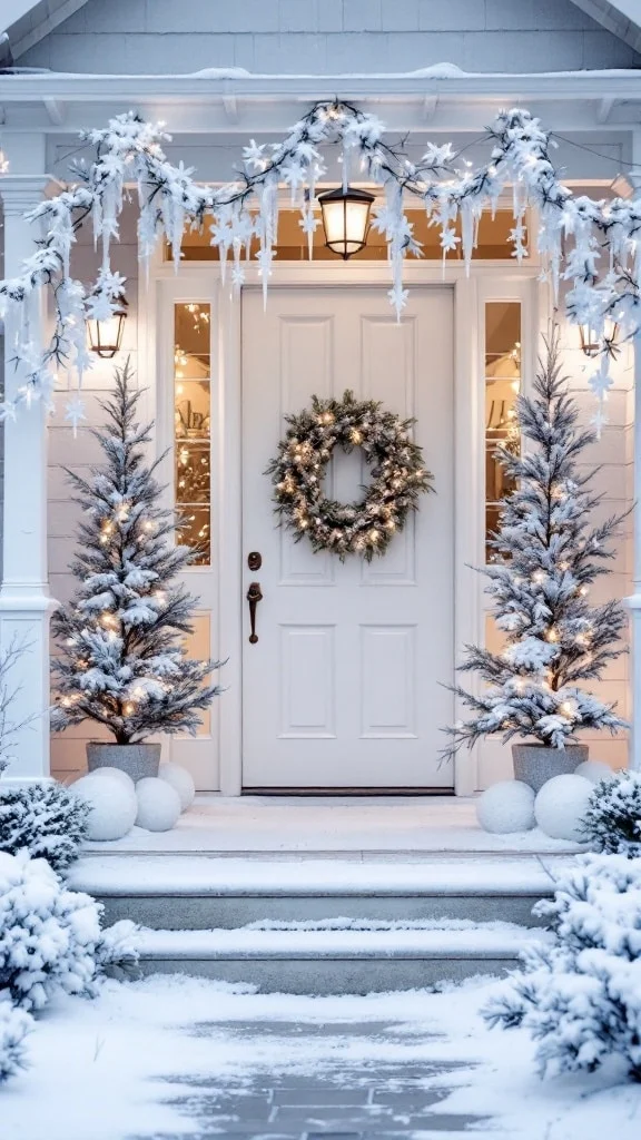 Winter wonderland porch with white and silver decor