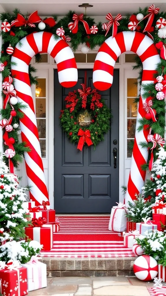 Porch decorated with candy cane stripes and peppermint accents
