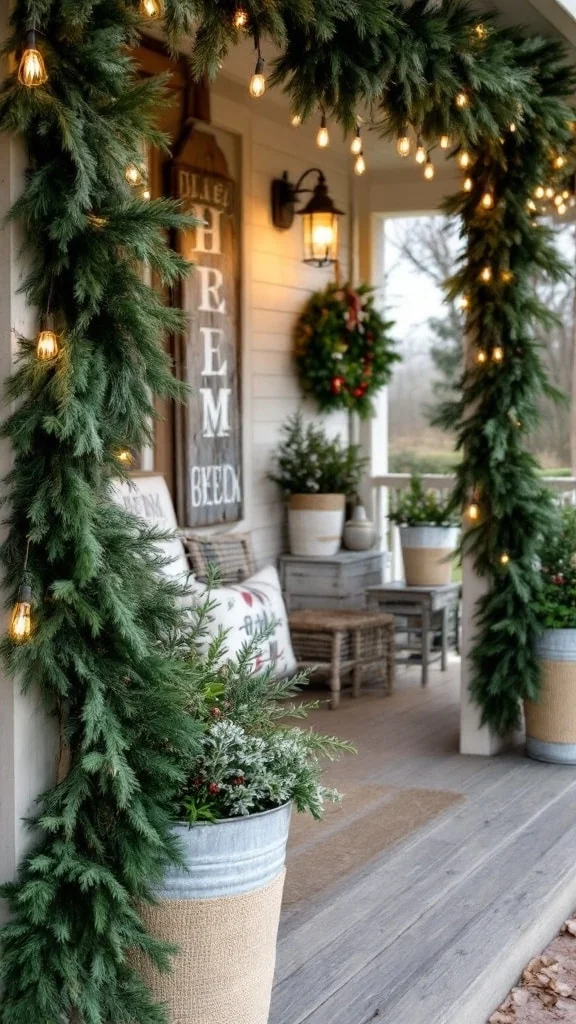 Farmhouse style Christmas porch with burlap and greenery