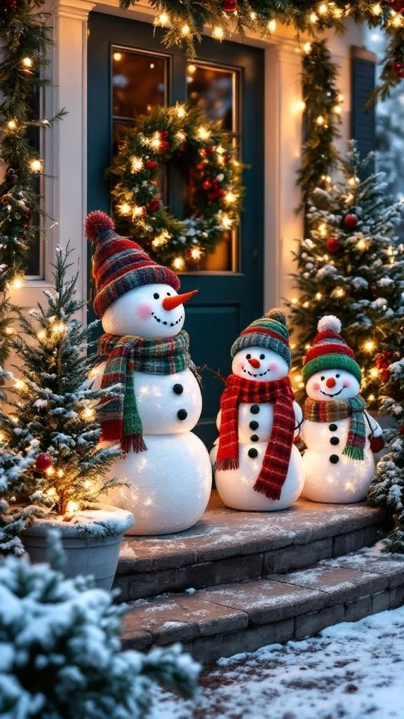 Snowman family scene with lights and greenery