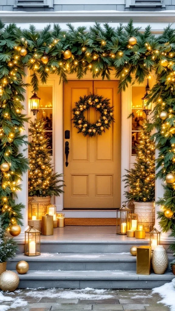 Elegant gold and green Christmas porch decorations