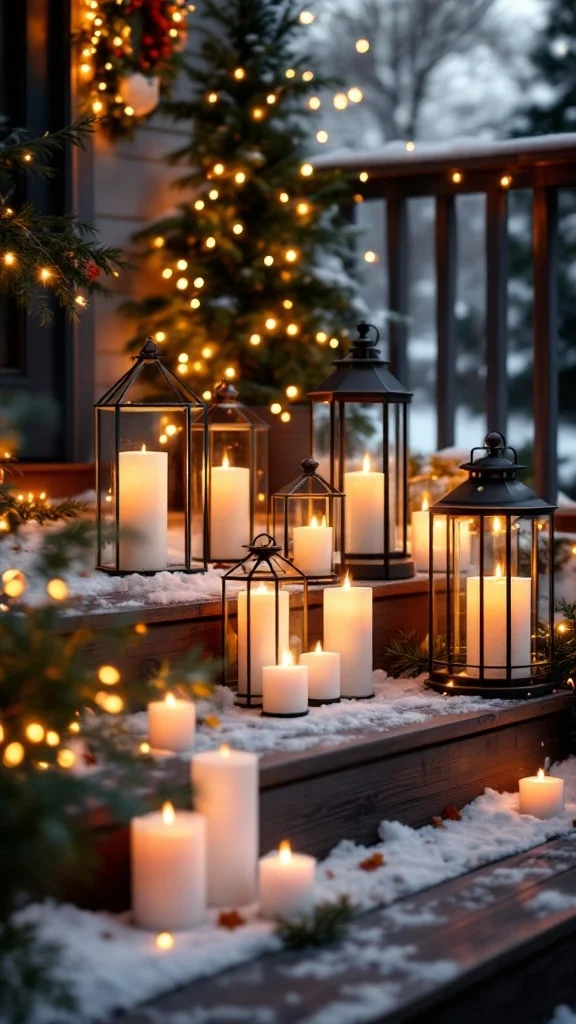 Porch decorated with various lanterns and lights
