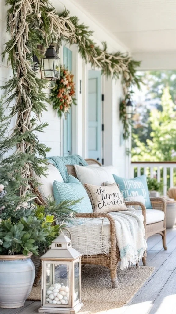 Coastal themed Christmas porch with driftwood and seashells