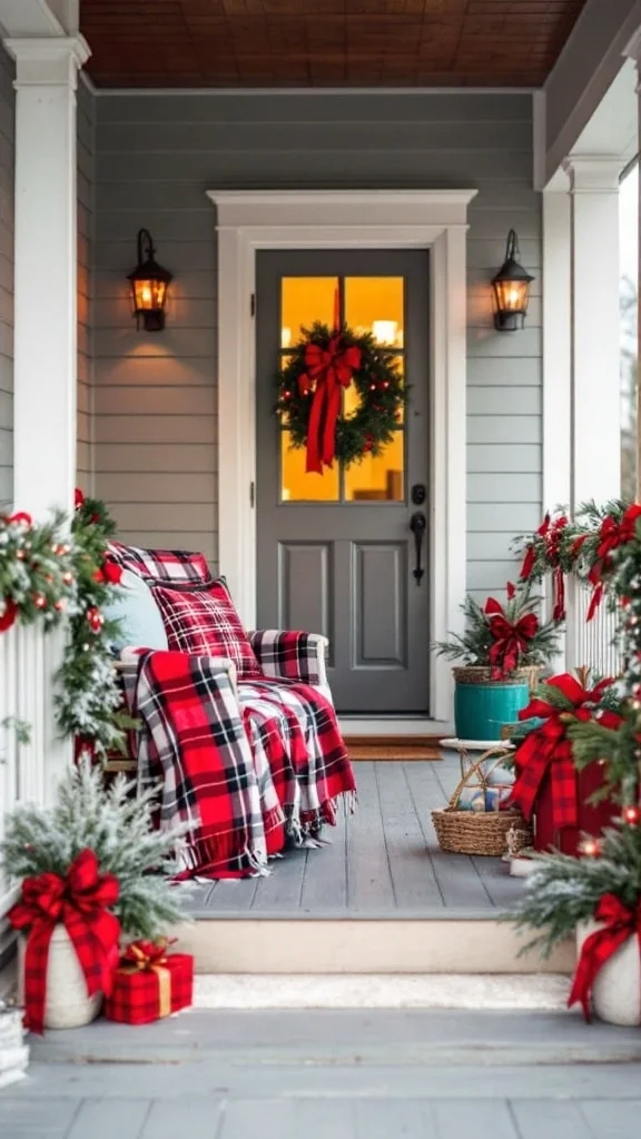 Plaid blankets and pillows on Christmas porch