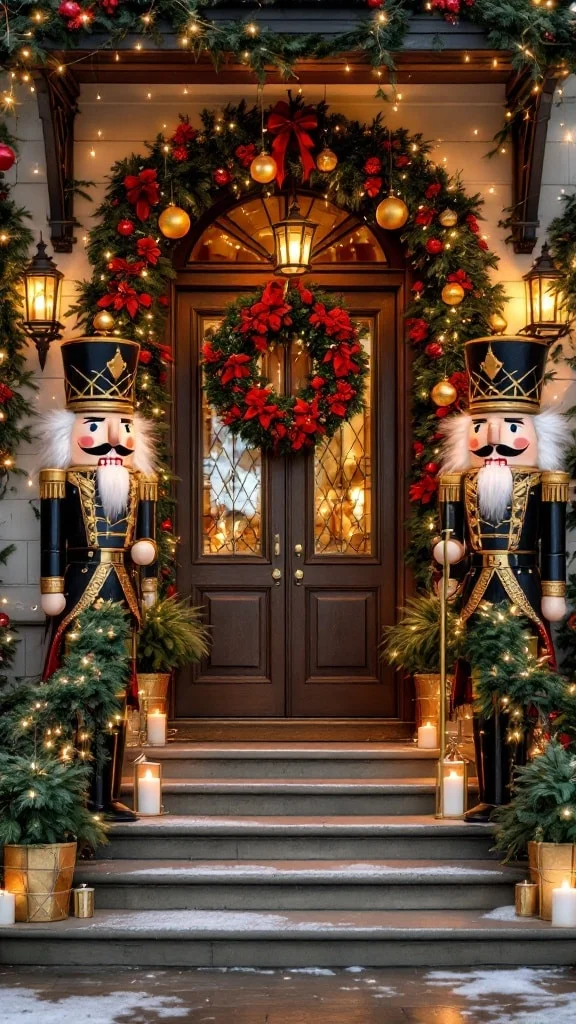 Porch decorated with life-sized nutcracker figures and wreaths