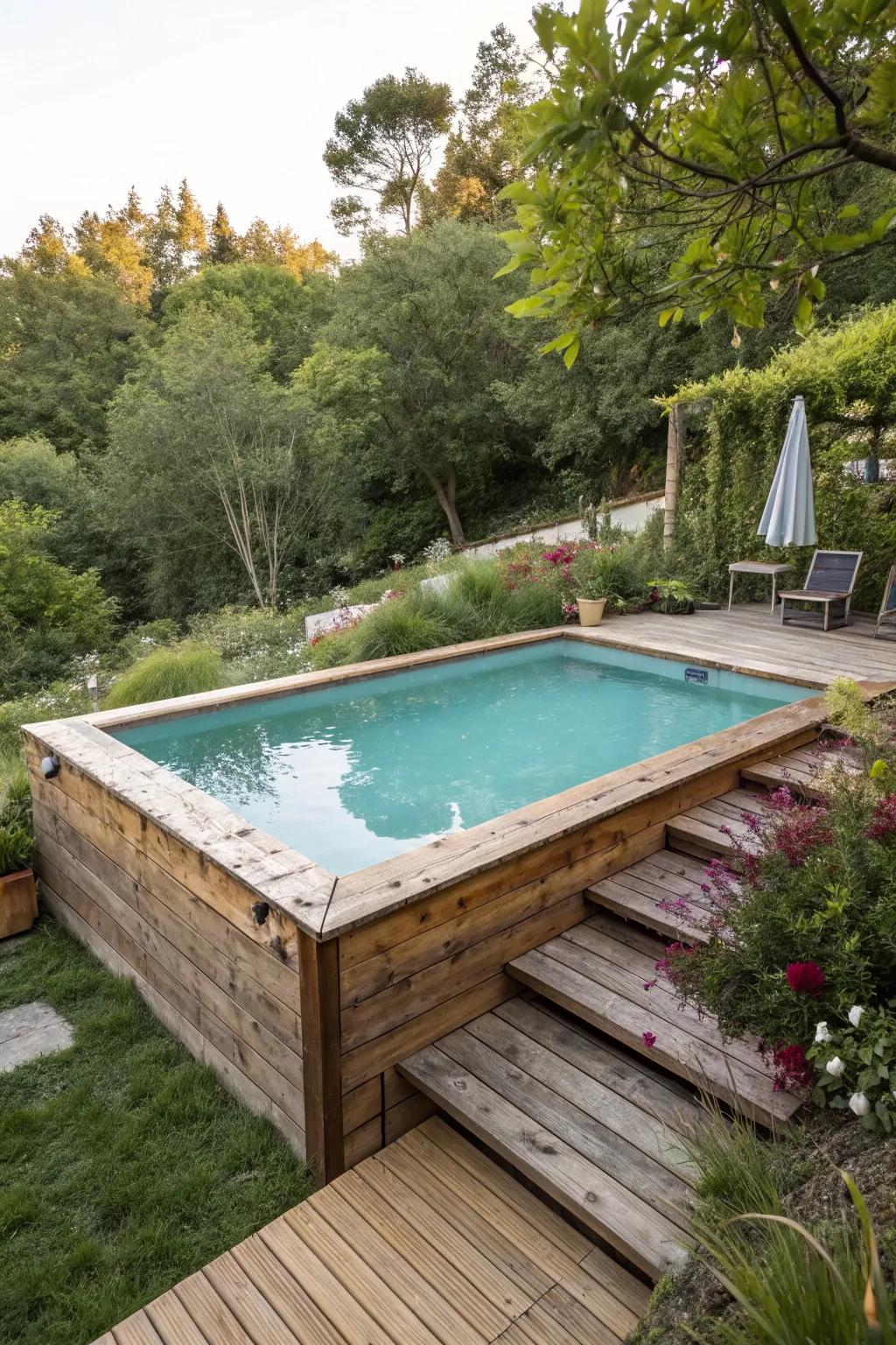 Custom wooden deck adds charm and functionality to your pool area.