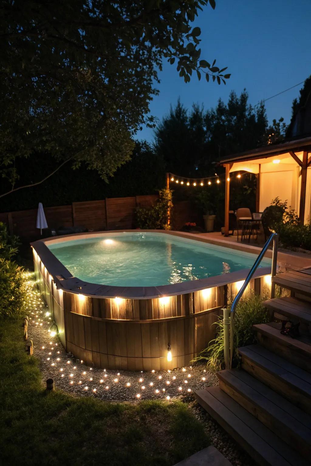 LED lights create a warm glow around your pool at night.