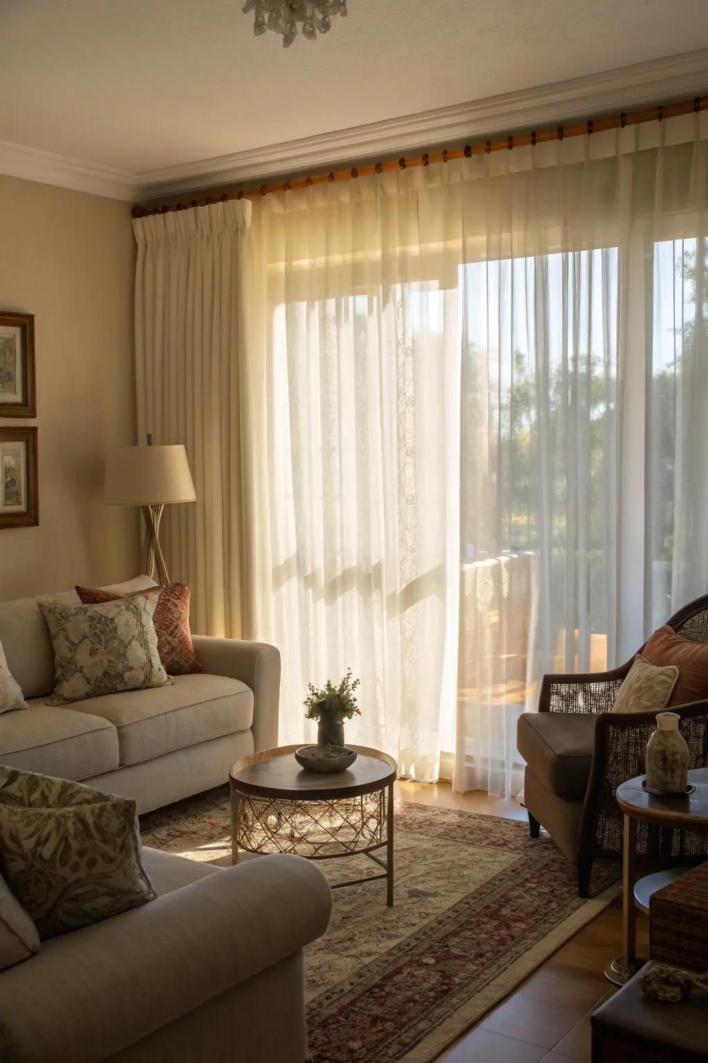 Layered curtains offer both style and function.