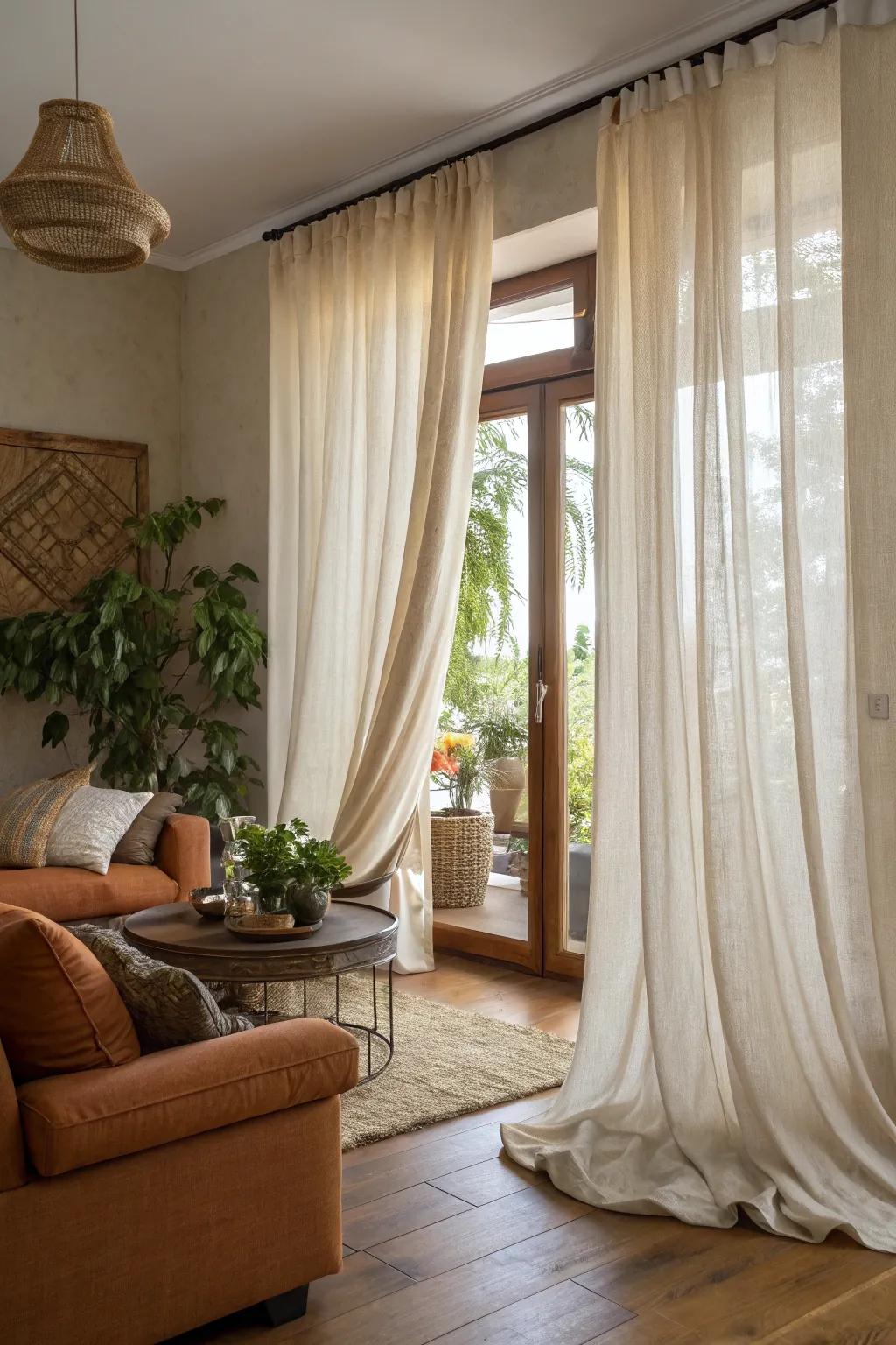 Curtains made from natural fibers add an organic touch.
