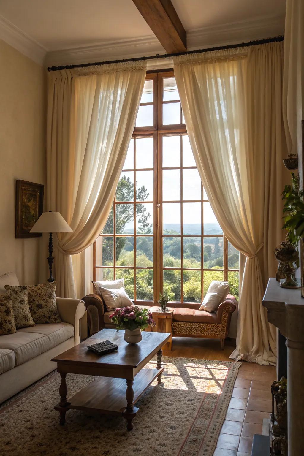 Curtains framing windows emphasize architectural beauty.