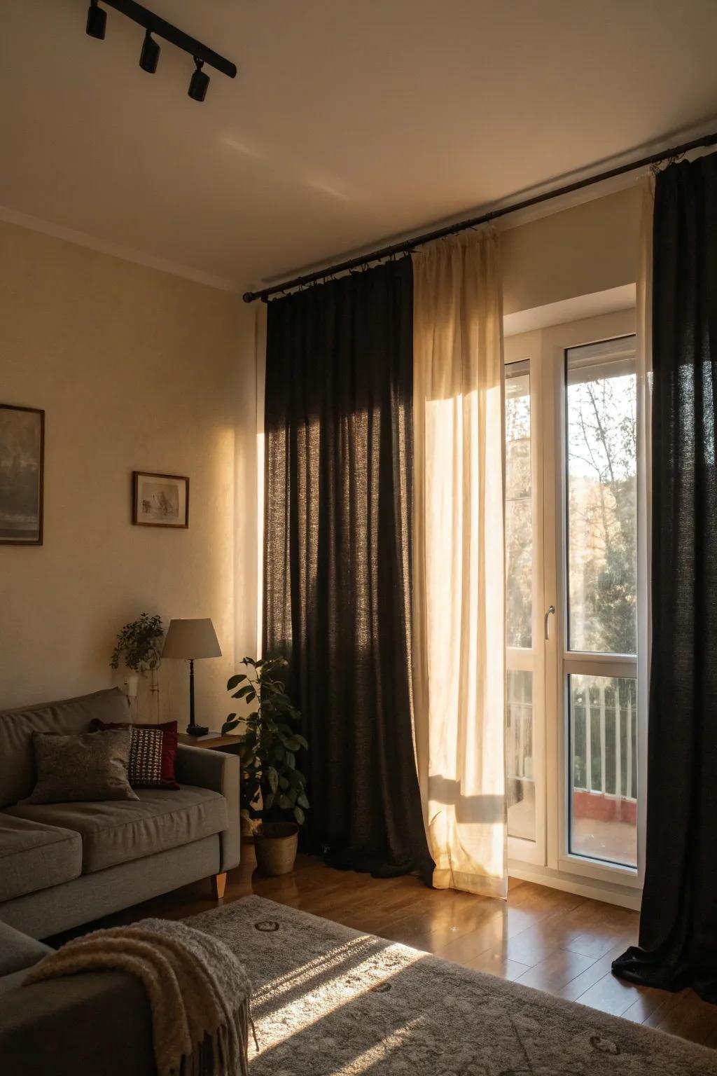 Dark curtains add depth and dramatic flair.
