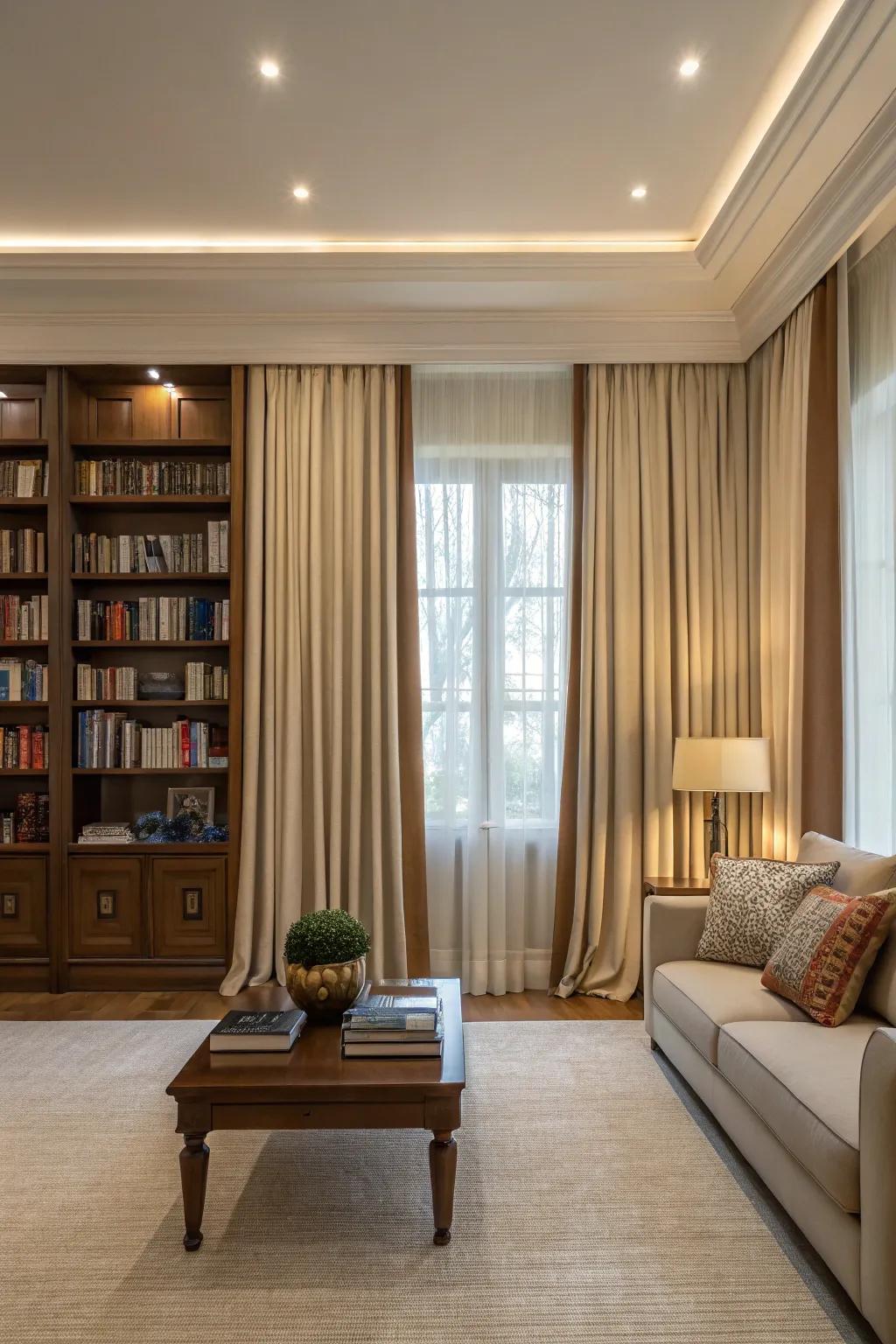 Symmetrical curtain placement enhances room harmony.