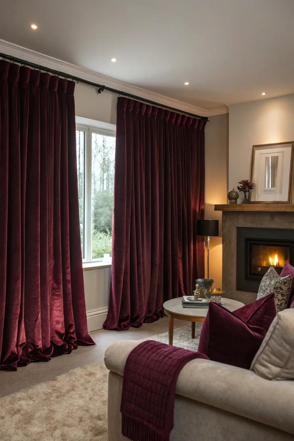 Velvet curtains create a cozy and luxurious atmosphere.