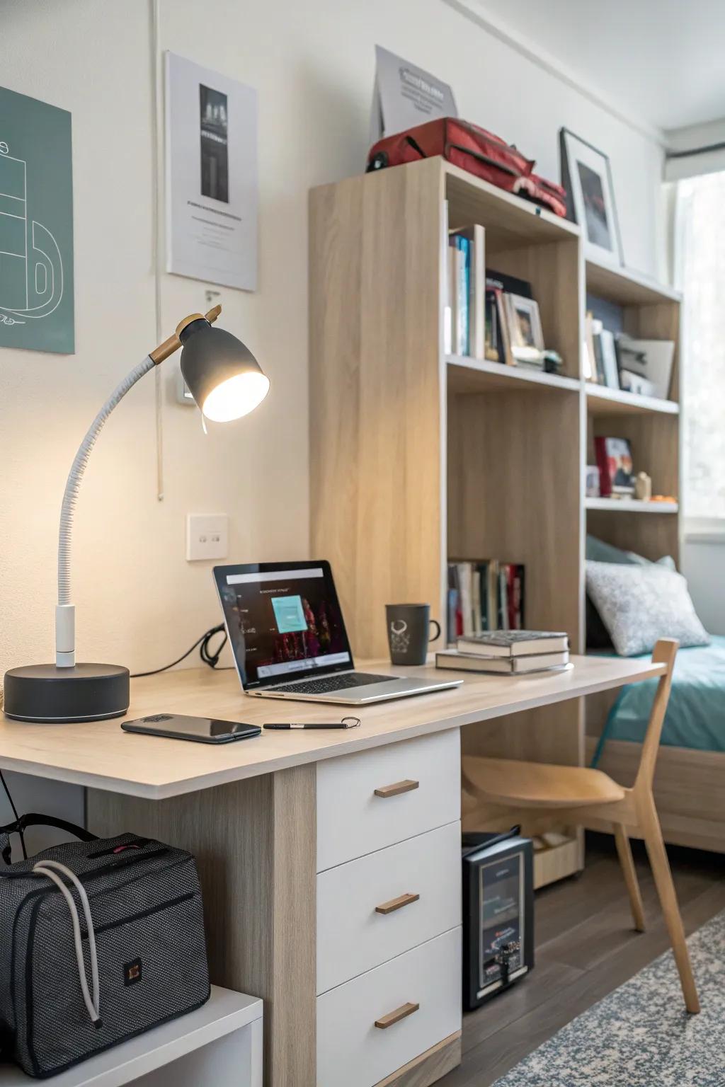 Organized tech station in dorm.