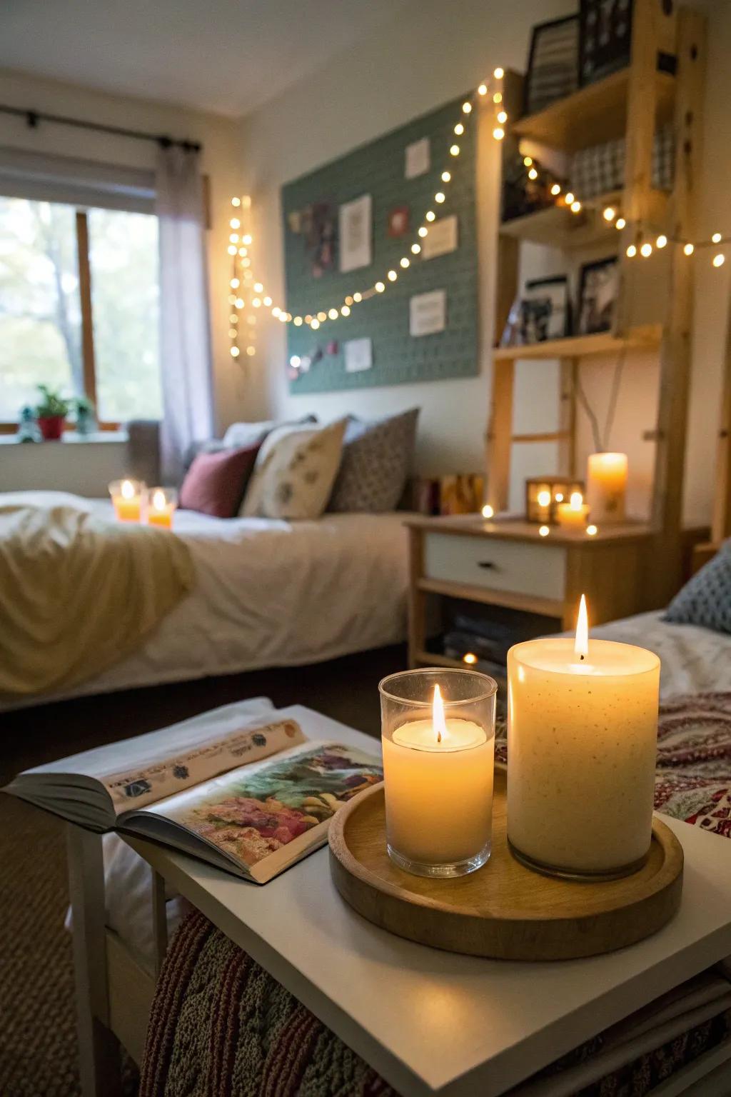 Scented candles create a cozy dorm atmosphere.