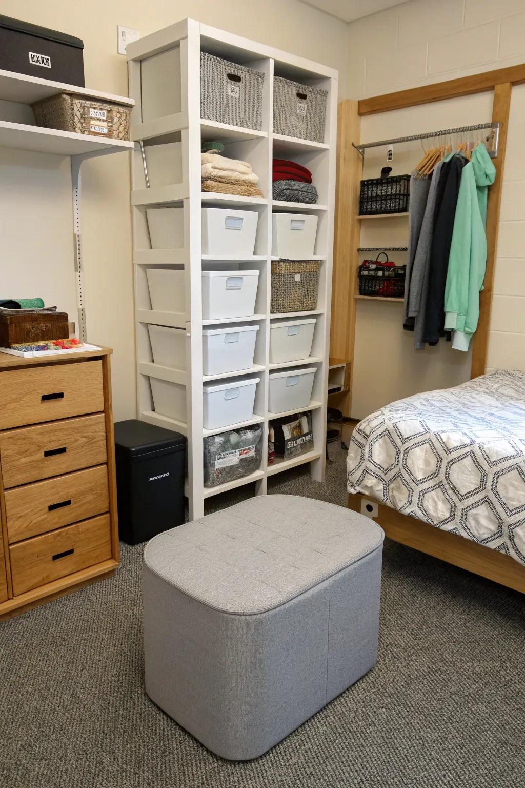 Space-saving storage solutions for dorms.