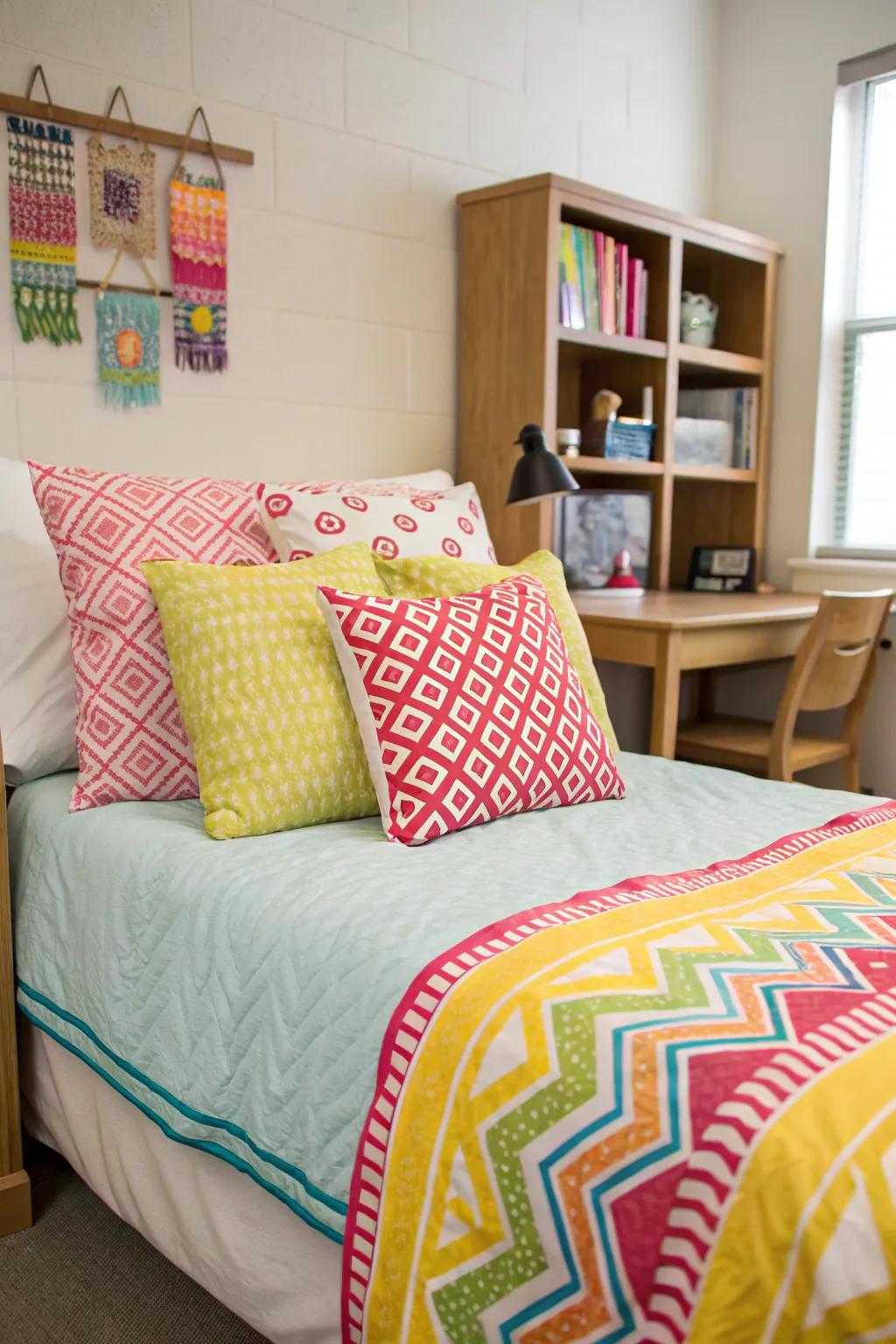 Colorful cushions brighten dorm rooms.