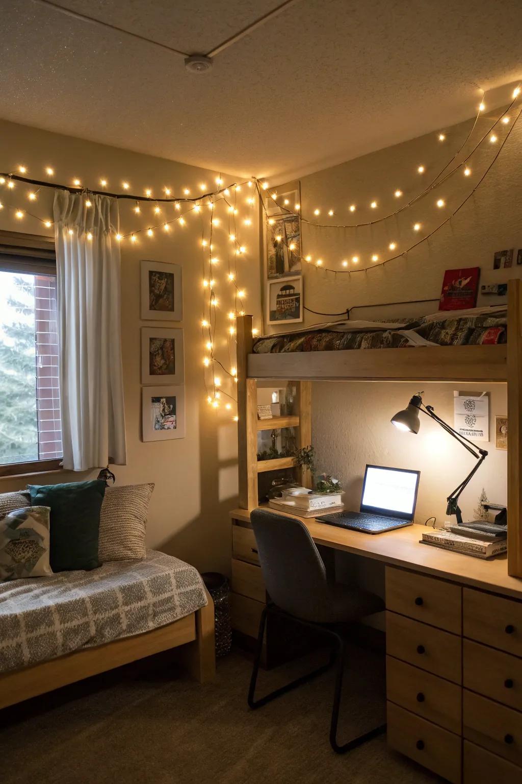 Layered lighting creates cozy dorm ambiance.