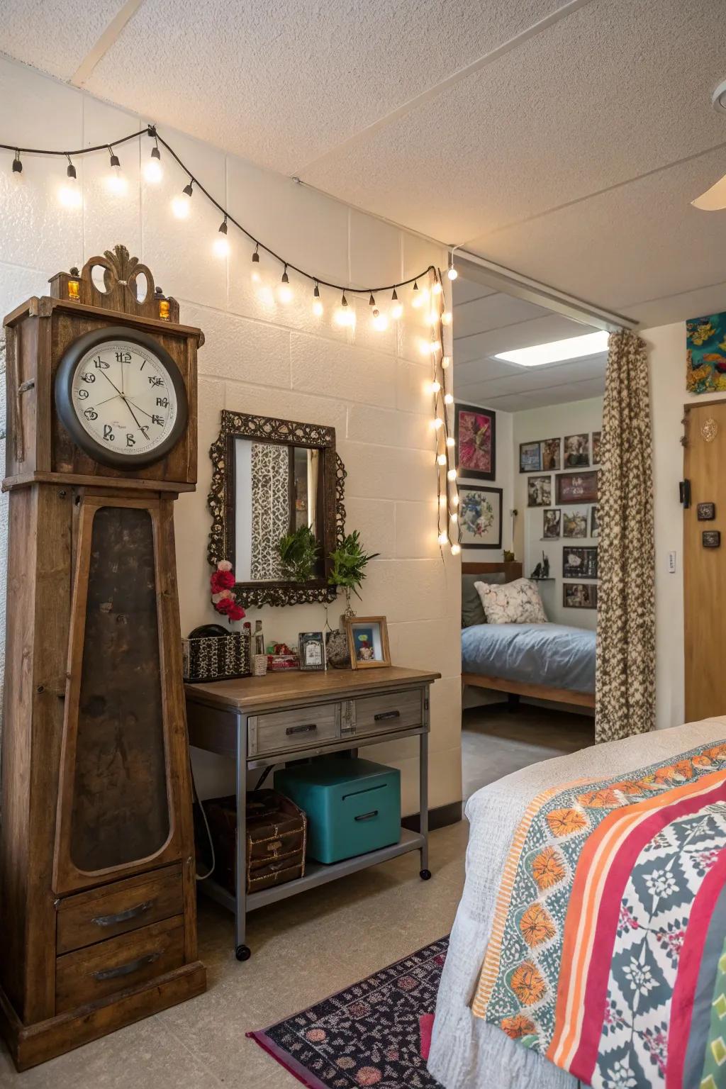 Vintage decor adds charm to dorm rooms.