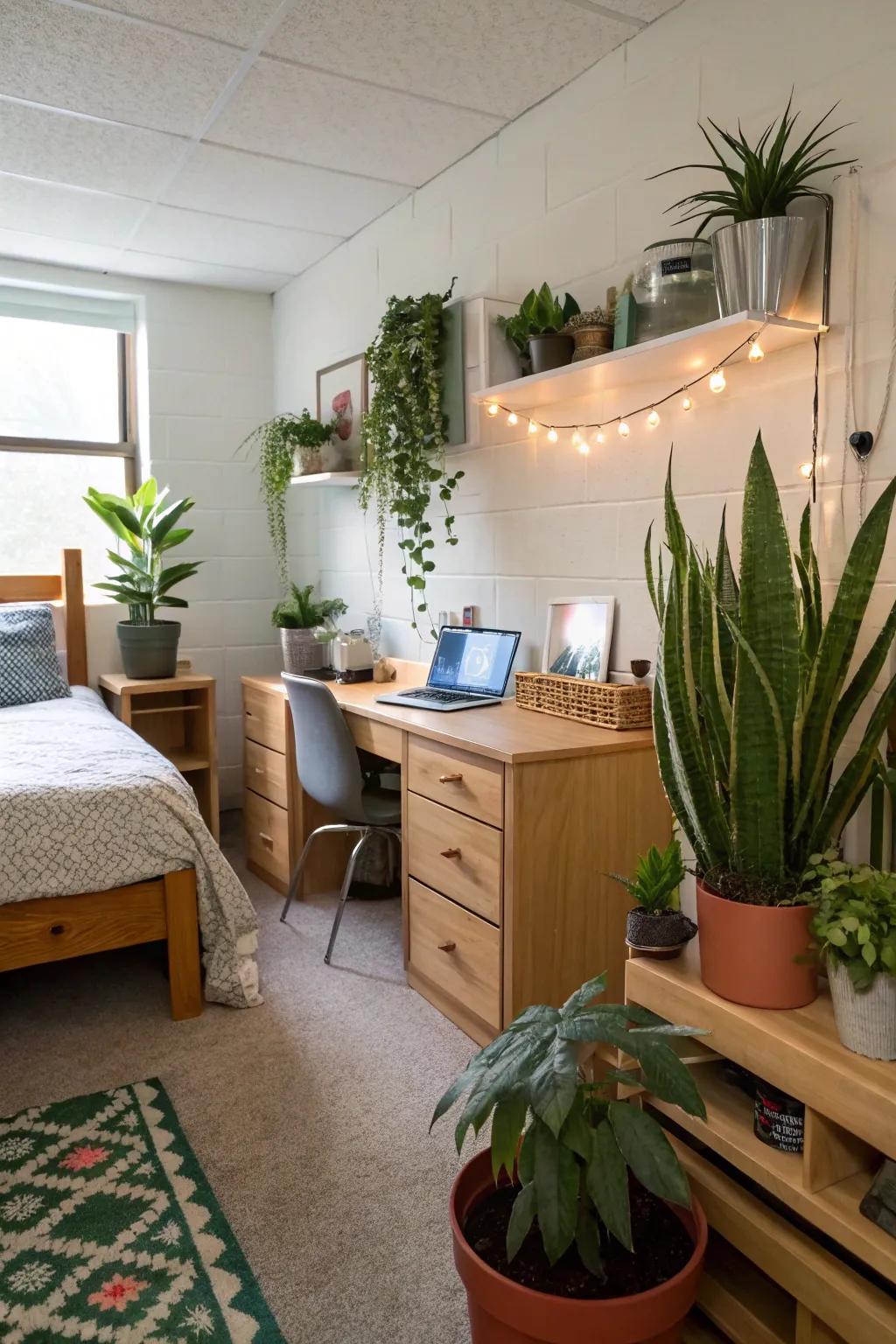 Indoor plants brighten and freshen dorm rooms.