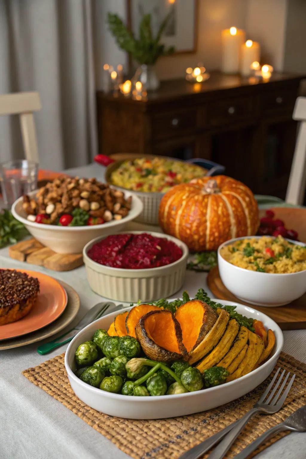 A vibrant plant-based Thanksgiving meal highlighting seasonal ingredients.