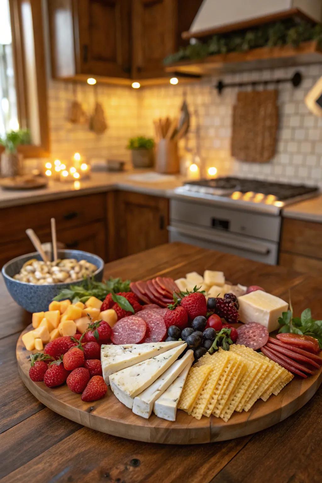 A fall-inspired charcuterie board with cheeses, meats, and fruits.