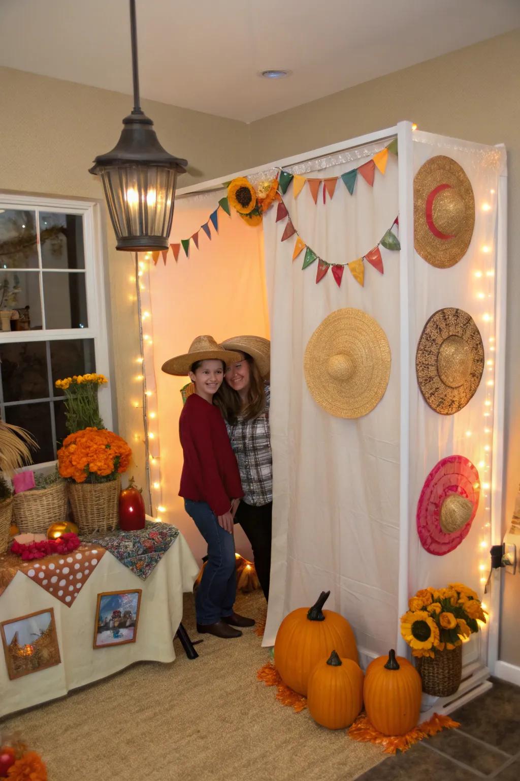 A vibrant photo booth setup with autumn-themed props.