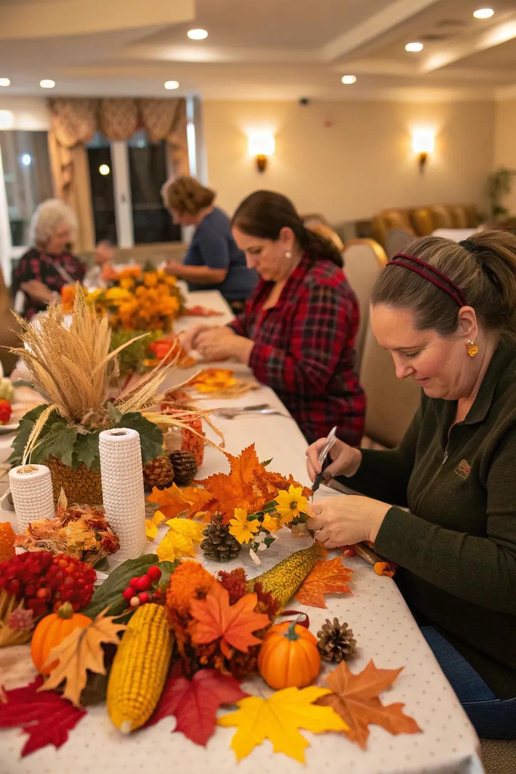 Guests assembling personalized fall-themed centerpieces.