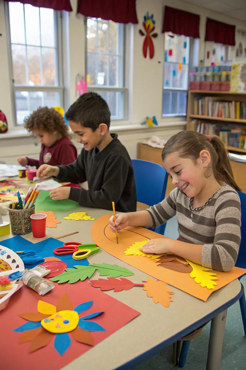 Children happily engaged in Thanksgiving-themed crafts.