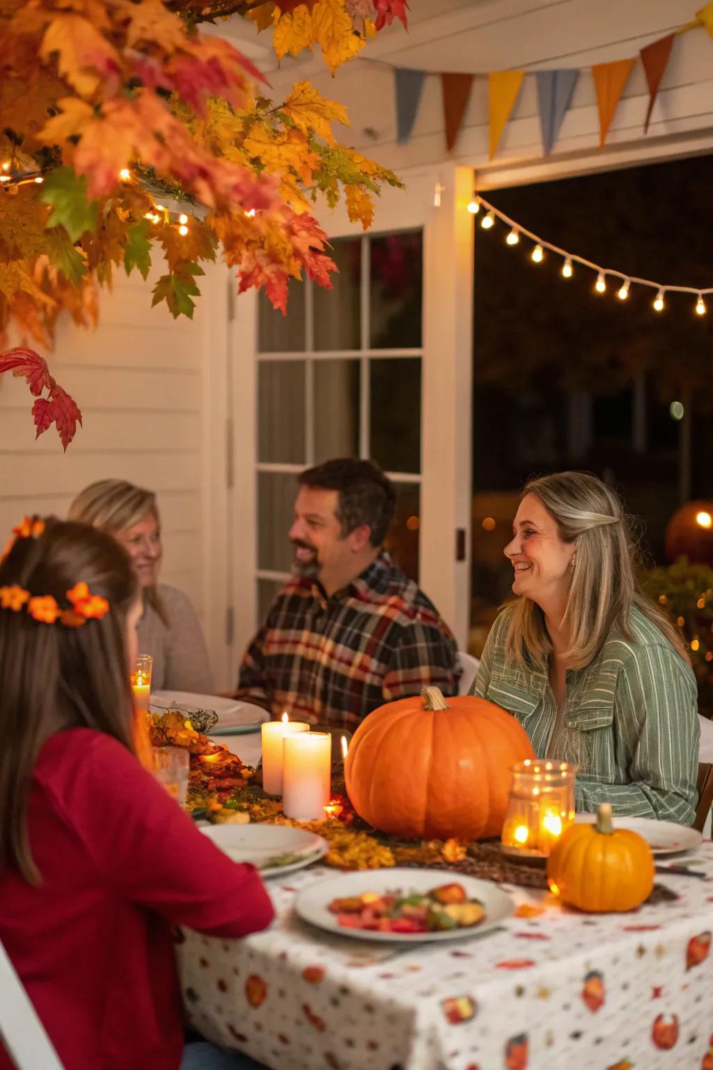 Guests sharing personal Thanksgiving stories around the table.