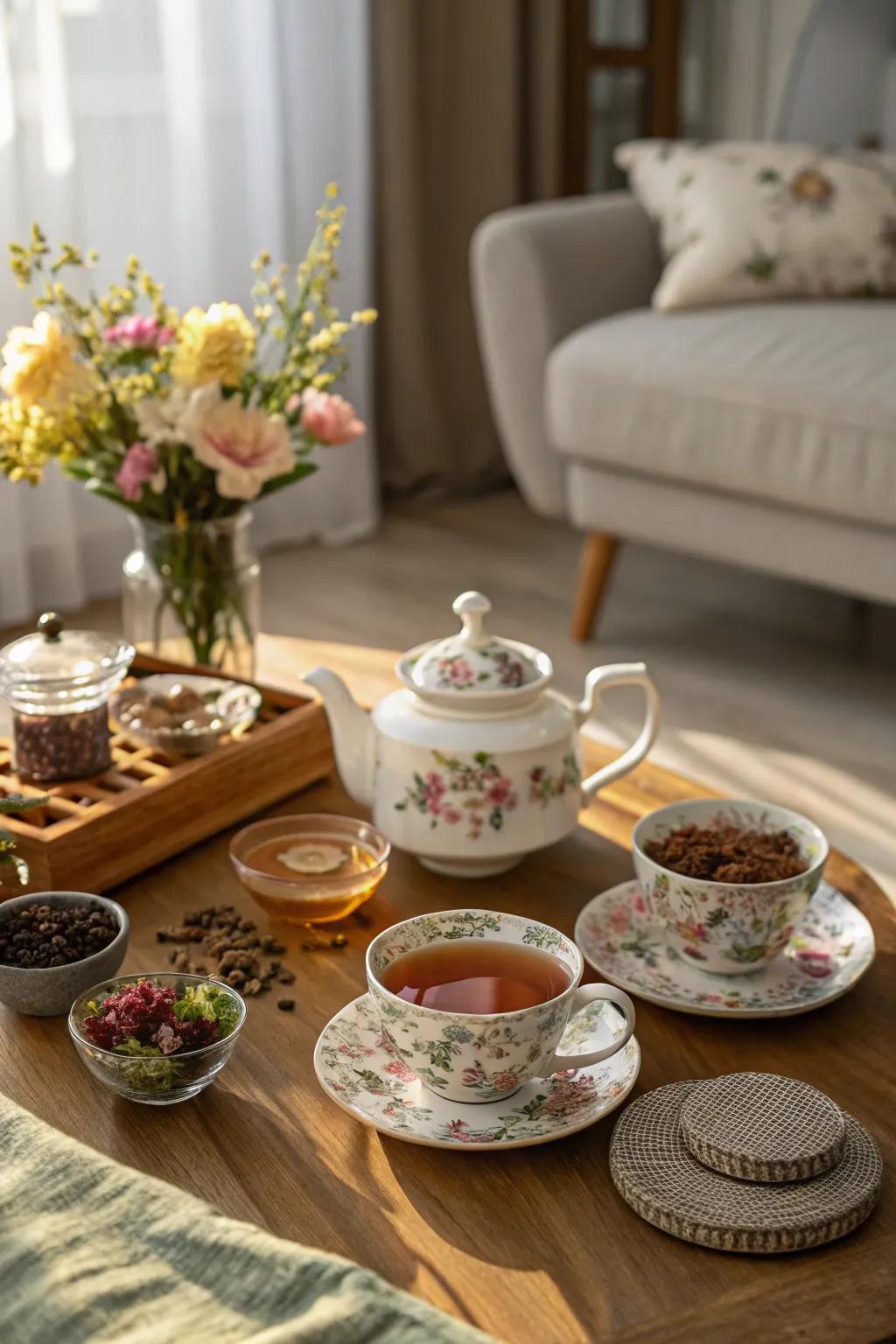 A sophisticated tea tasting setup with seasonal blends.